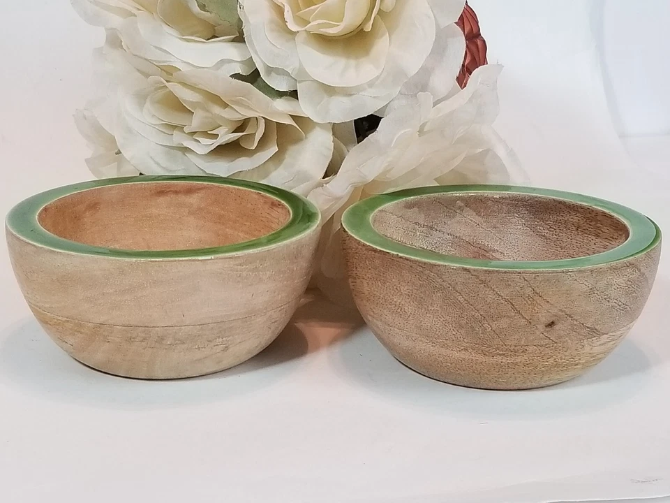 Pottery Barn Wooden Enamel Green Rim Bowls - Lot of 2 - Image 1 of 4