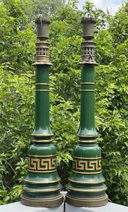 Pair Vintage Deco Hollywood Regency Gilt Greek Key Green Glass Torchiere Lamps - Picture 1 of 23