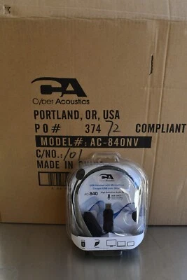 Box of 24 NEW Cyber Acoustics AC-840 USB Mono Internet Headset with Boom Mic - Image 1 of 4