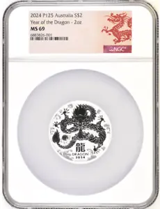 2024 Australia Lunar Series III Year of the Dragon 2oz Silver Coin NGC MS 69 - Picture 1 of 5