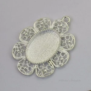 25x18 Oval Flower Silver Plated Cabochon (Cab) Drop Setting (#RB-C3608) - Picture 1 of 1