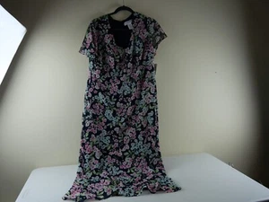 SAG-HARBOR Women's PL Short Sleeve Lined Long Black with Floral Print Dress NEW - Picture 1 of 11