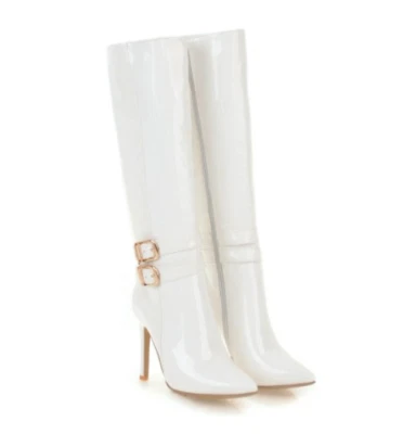 Womens Patent Leather Mid Calf High Boots Buckle Party Pointed Stiletto Pumps 48 - Image 1 of 4