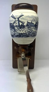 Vintage Holland Dutch Blue Delft Manual Crank Coffee Mill Grinder Wall Mount - Picture 1 of 11