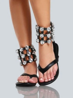 Nuevo Tanga Punta Abierta Gran Tamaño Diamantes de Imitación Cristal Jaula Correa Tobillo Puño Sandalia Plana Foto 1 de 2