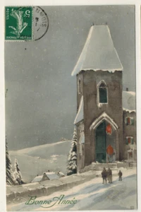 Belebte AK "Frohes neues Jahr - Schneelandschaft.Kirche - A.108 - Bild 1 von 2