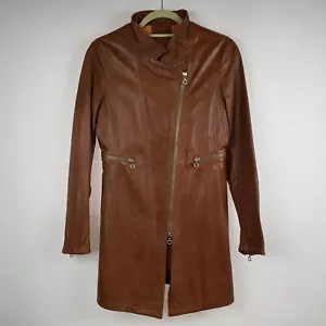 EUC! GMS-75 Women's Long Brown Leather Trench S/XS. Offset Zipper, Zip Sleeves - Picture 1 of 10
