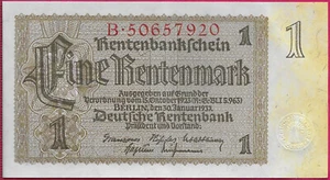 GERMANY WEIMAR 1 RENTENMARK 1937 OLIVE,YELLOW STRIPE AT RIGHT,LARGE AMD SMALL si - Picture 1 of 2