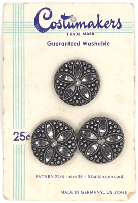 C1945-48 Made Occupied Germany Black Glass Buttons Costumakers Original Card - Image 1 of 3