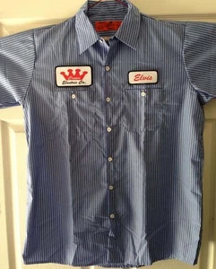 ELVIS Crown Electric Patch Striped Mechanic WORK SHIRT Kustom Rockabilly punk - Picture 1 of 2