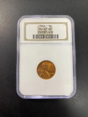 1944 P WHEAT CENT NGC MS-67 RD - UNCIRCULATED - RED WHEAT PENNY - SLABBED - 1C - Image 1 of 2
