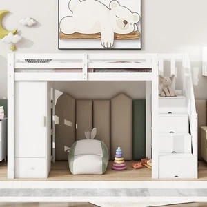 Hochbett Kinderbett Jugendbett 90x200 mit Kleiderschrank, Treppe & Regalen Weiß - Bild 1 von 12