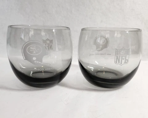 Vintage SANFRANCISCO 49er NFL Smoked GLASS Lot of 2 Lowball 1970's Niners Cover