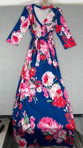 RUIYIGE Maxi Dress Blue Floral V-Neck 3/4 Sleeve Size XL Belted Pionies Resort - Picture 1 of 5