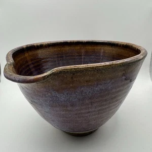 Pottery Bowl w/Handle and Pouring Spout Purple Blue Glaze Art Ceramic Signed - Picture 1 of 8