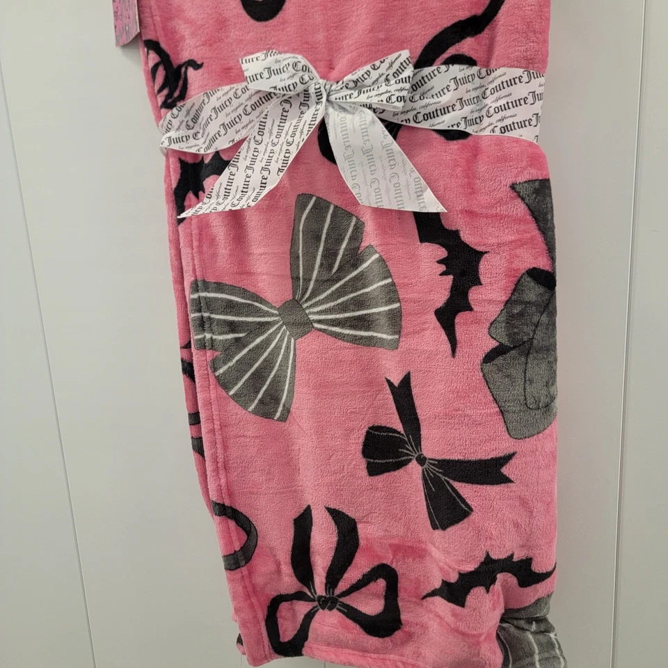 NEW! Juicy Couture All Bows Print Gray Halloween Pink Velvet Soft Throw Blanket  - Image 1 of 4