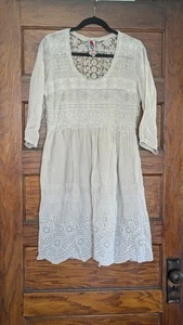 Johnny Was White Ivory Cream Eyelet Lace 3/4 Sleeve Dress M Sheer Boho Festival - Picture 1 of 12
