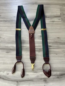 Vintage Nordstrom Button Suspenders 1 1/2 Wide Leather Green Blue Striped 90s - Picture 1 of 12