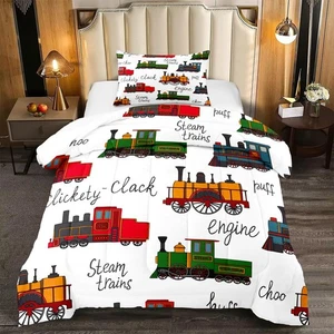 Kinder Bettdecke Set Retro Vintage Zug Niedliches Fahrzeug Bedrucktes Muster Steppbett... - Bild 1 von 6