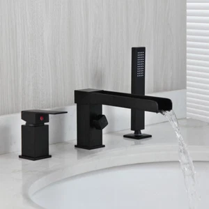 Black 3pcs 2 Knob Deck Mount Spout Faucet Bathroom Bathtub Basin Sink Mixer Tap - Picture 1 of 11
