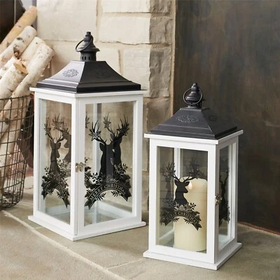 2 pc Set Merry Christmas Lantern Deer Glass White Wood Black Metal 18" H 23" H - Image 1 of 4