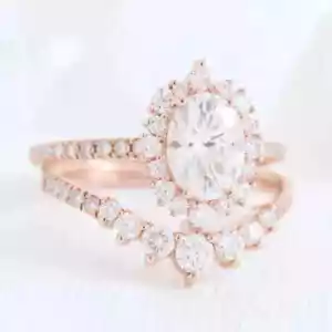 3.20 Ct Oval-Cut Real Moissanite Bridal Set Engagement Ring 14k Rose Gold Plated - Picture 1 of 8