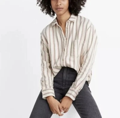 Camisa de domingo Madewell de gran tamaño para mujer mediana suave franela claxtón rayas crema Foto 1 de 4