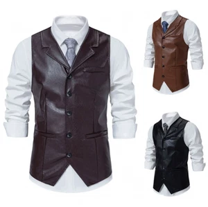 Leather Men Dress Suit Motorcycle Vest Vintage Wedding Groom Waistcoat Slim Fit - Picture 1 of 8