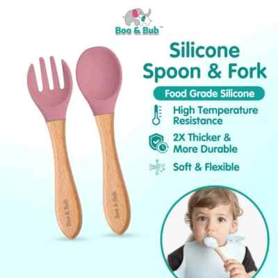 Baby Silicone Feeding Food Grade Spoon Fork Self Learning Wooden Handle - Image 1 of 4