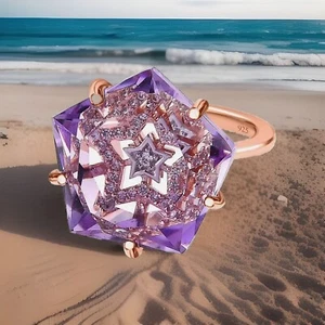 GP Celestial Dream- Pink Amethyst NaturalZircon Rose Gold Plated Ring 18K Size L - Picture 1 of 23
