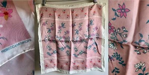 REBECCA MINKOFF ALL SILK SQUARE SCARF MUTED PINK WHITE TEAL BLUE FLOWERS EUC 18" - Picture 1 of 8