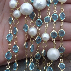 Collar azul cristal 11 mm redondo blanco perla Keshi 69 - Imagen 1 de 4