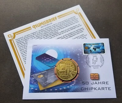 Germany 50th Anniv Of Chip Card 2019 Bitcoin FDC (coin cover *gold foil *unusual - Image 1 of 4