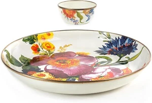 MACKENZIE-CHILDS Chip Dip Serving Set Abundant Bowl & Pinch Bowl White Flower - Picture 1 of 9