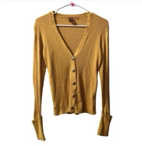 Tory Burch Shrunken Simone Cardigan Sweater Slim Small Ribbed Cotton V Neck Fall - Picture 1 of 14