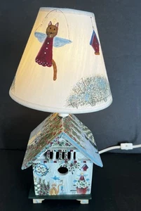 Hand Painted Wooden Birdhouse Lamp w/ Shade Cats Garden Kathy Hatch design - Bild 1 von 15