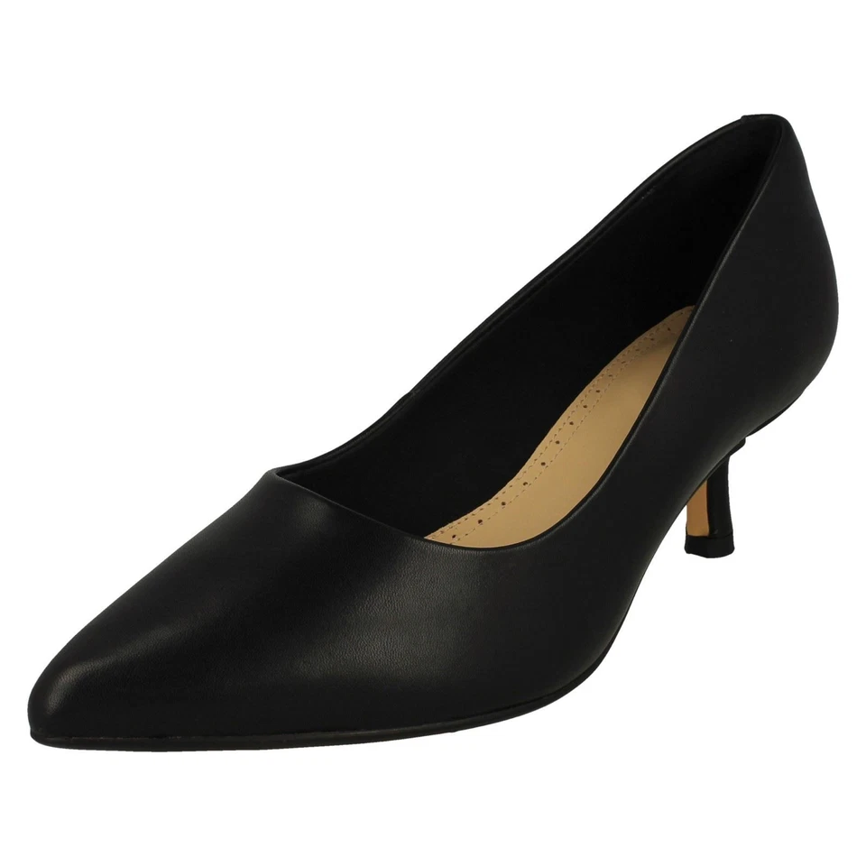 CLARKS Ladies Black Leather Heel Wide Fit Shoes. Size 8E. Violet 55 Rae.