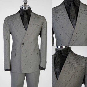 Men Gray Beaded Suit Black Crystals Jacket Double Breasted Peak Lapel Business - Picture 1 of 10