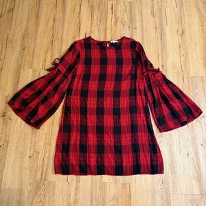 Beach Lunch Lounge Vestito Donna Grande Natale Rosso Plaid Manica a Campana Boho - Foto 1 di 11