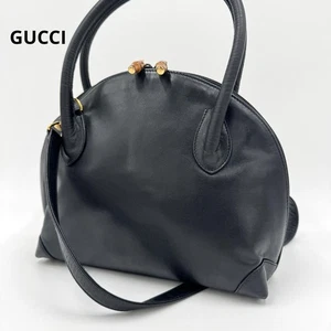GUCCI Bamboo Leather 2WAY Shoulder Handbag Black Round Shape Gold USED 707B - Picture 1 of 19