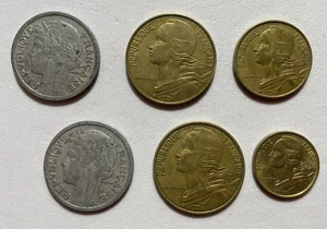 Lot of 6 French Coins 1941 & 1947 1 Franc, 1963 & 1964 20 Centimes, 1 Ea 1967-68 - Picture 1 of 14