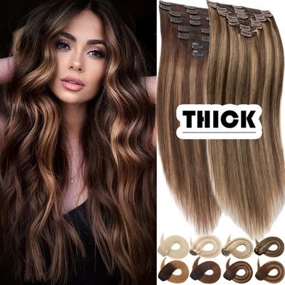 Thick Double Wefted Clip In Human Hair Extensions REMY Full Head Balayage Ombre - Image 1 of 4