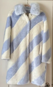 ๐ ANTHROPOLOGIE MAEVE FAUX FUR ICE BLUE STRIPE COAT SZ SMALL MAY FIT MEDIUM TOO - Picture 1 of 8