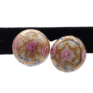 Wedding Cake Bead Clip On Earrings Round Dome Pink Floral Copper Glitter Italy - Picture 1 of 5