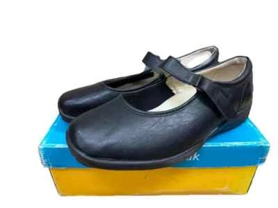 DB Easy B Arabella Ladies Black Stretch Leather 6E Super Wide Rip Tape Shoes - Image 1 of 4