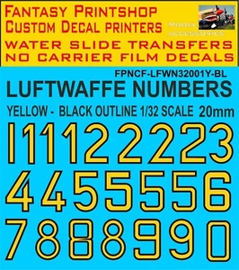 German Luftwaffe Code Numbers YELLOW - BLACK OUTLINE DECALS TRANSFERS 20mm 1/32 - Picture 1 of 4