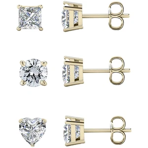 3 Pair 8mm 14K Yellow Gold Plated CZ Round Square & Heart Cut Stud Earrings - Picture 1 of 6