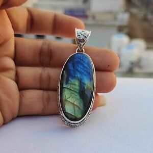 Labradorite Stone Solid 925 Sterling Silver Oval Cut Handmade Worry Pendant X04
