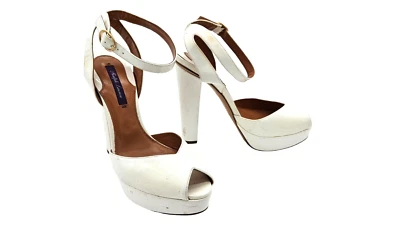 RALPH LAUREN PURPLE LABEL - White Patent Leather Open Toe Pumps Heels, Size 8.5 - Image 1 of 4