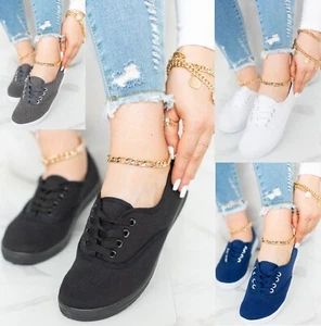 NEW WOMANS LACE UP LADIES GIRLS PUMPS CANVAS PLIMSOLES PLIMSOLLS SCHOOL TRAINERS - Picture 1 of 26